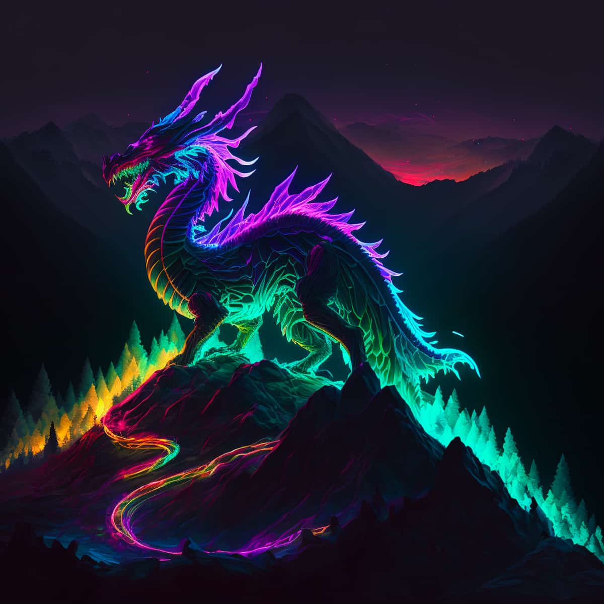 Neon-colored dragon on a mountain, part of Diamond Painting Kit - Feuergeborene, featuring a stunning and vibrant design.