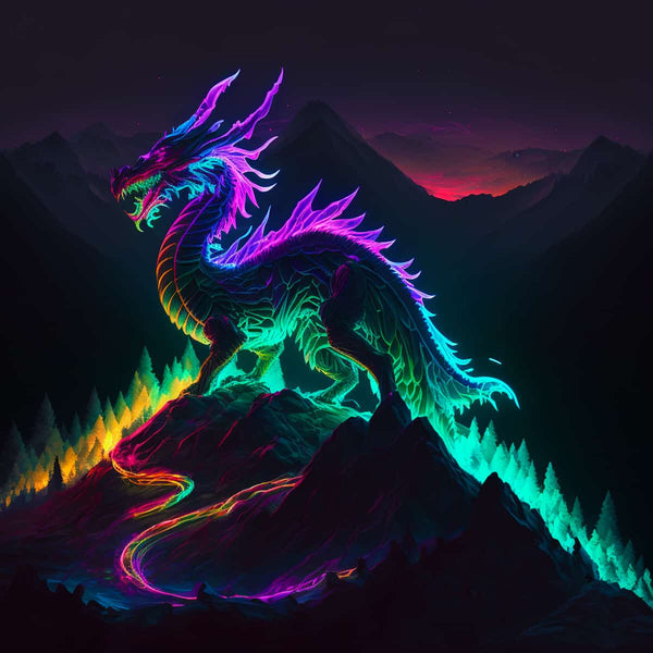 Neon-colored dragon on a mountain, part of Diamond Painting Kit - Feuergeborene, featuring a stunning and vibrant design.