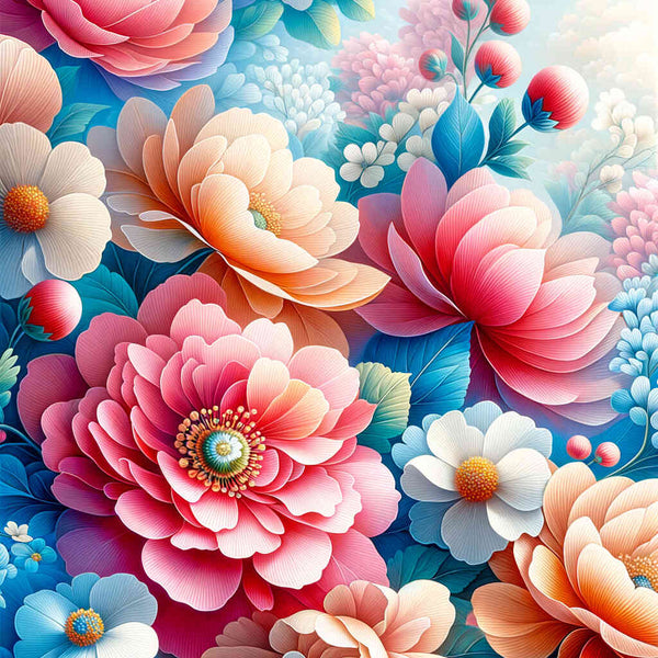 Bunte Blumenmalerei zum Entspannen, detaillierte Blumenkollektion mit lebhaften Farben in Malen nach Zahlen Stil.