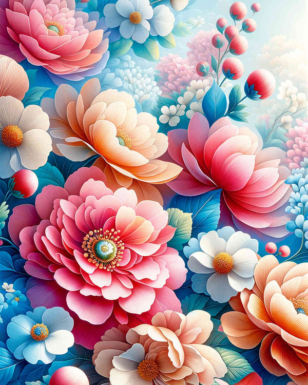 Bunte Blumenmalerei zum Entspannen, detaillierte Blumenkollektion mit lebhaften Farben in Malen nach Zahlen Stil.