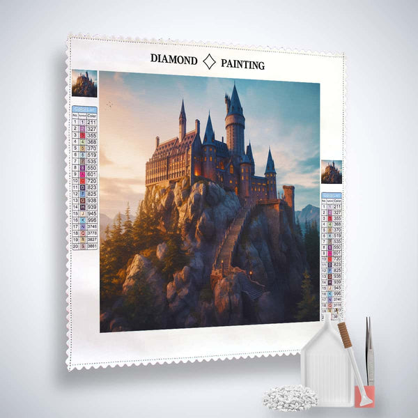 Diamond Painting Kit - Fantasy Schloss with acrylic diamonds and tools on a professional canvas for sparkling art