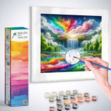 Malen nach Zahlen Set mit Regebogenfluss und Blumenwiesen Motiv, entspannendes DIY Kunstprojekt mit Farben und Pinsel