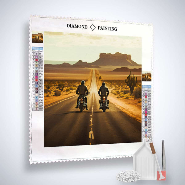 Diamond Painting Kit - Two Bikers on Desert Road with Tools and Canvas