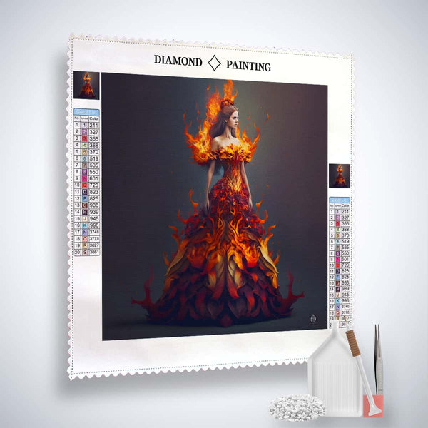 Diamond Painting Kit - Feuerkleid Frau inklusive Profi-Leinwand, veredelte Acryl Diamonds, Künstler-Pinzette, und Profi Setzstift