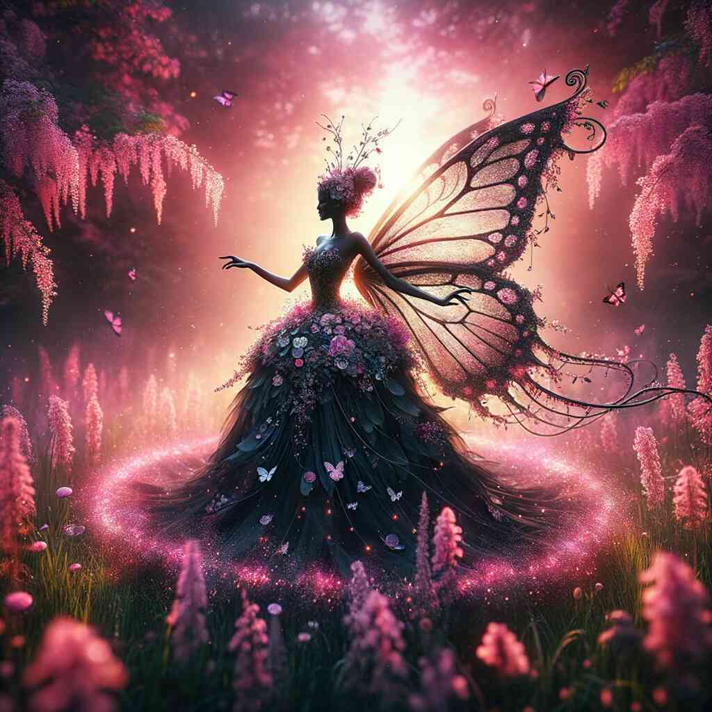 Enchanted fairy with delicate wings surrounded by glowing pink flowers and butterflies in a magical forest.