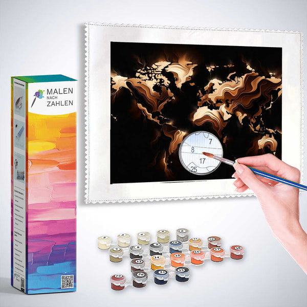 Malen nach Zahlen - Weltkarte in Braun auf Schwarz