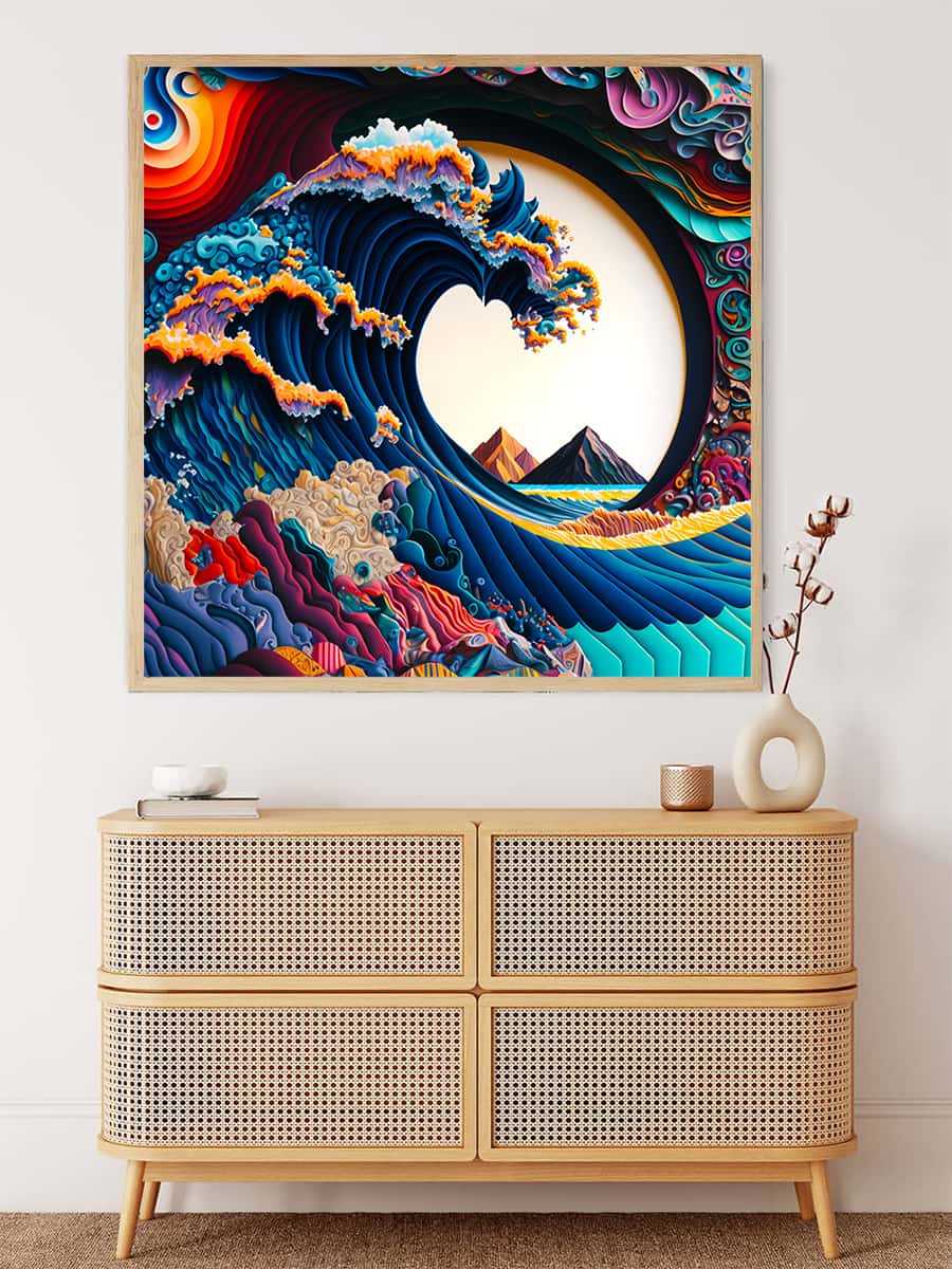 Malen nach Zahlen - Welle Paperart, bunte Wellenkunst über einer schlichten Kommode, beruhigende Raumdeko