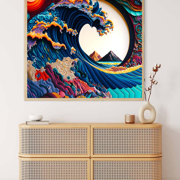 Malen nach Zahlen - Welle Paperart, bunte Wellenkunst über einer schlichten Kommode, beruhigende Raumdeko