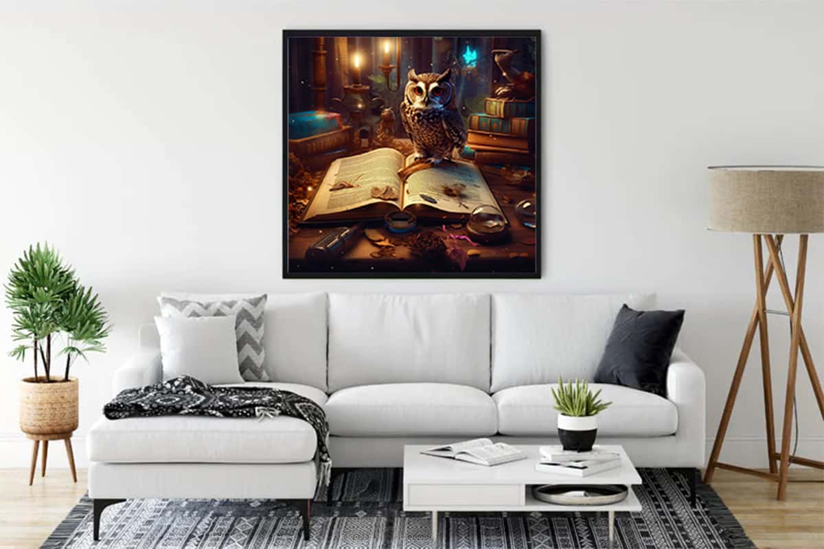 Painting by numbers of an owl with a book and candles hanging on a living room wall above a white sofa.