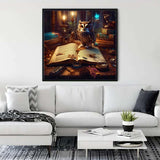 Painting by numbers of an owl with a book and candles hanging on a living room wall above a white sofa.