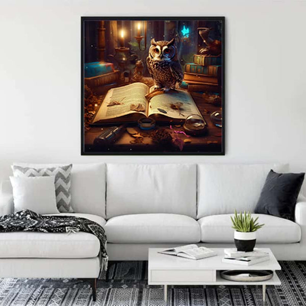 Painting by numbers of an owl with a book and candles hanging on a living room wall above a white sofa.