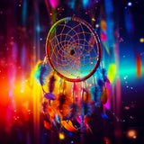 Brightly colored dreamcatcher with blurred background, part of Diamond Painting Traumfänger Kit, featuring vibrant feathers and sparkling colors.
