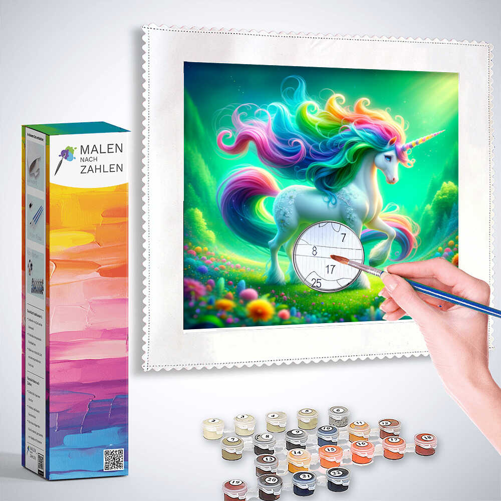 Painting by numbers set with colorful unicorn design, hand applying paint to canvas, surrounded by paint pots and box labeled Malen nach Zahlen.