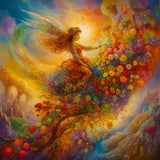 Fantasy artwork of a fairy surrounded by vibrant, blooming flowers in a magical, colorful landscape with a radiant, golden sky.