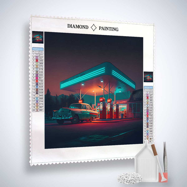 Route 66 Tankstelle Diamond Painting Kit with illuminated gas station scene, includes canvas, acrylic diamonds, artist tweezers, and setting tools.