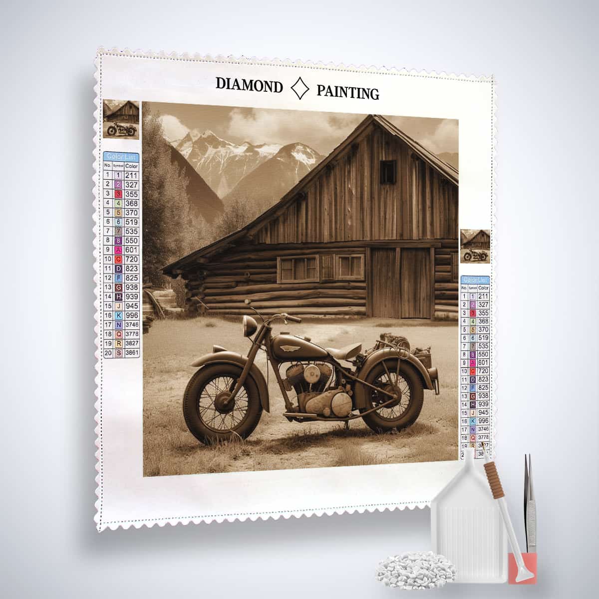 Diamond Painting Kit - Retro-Rennmaschine vor Holzscheune mit Setzstift und Pinzette