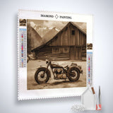 Diamond Painting Kit - Retro-Rennmaschine vor Holzscheune mit Setzstift und Pinzette