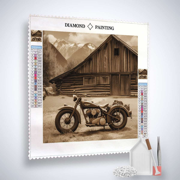 Diamond Painting Kit - Retro-Rennmaschine vor Holzscheune mit Setzstift und Pinzette