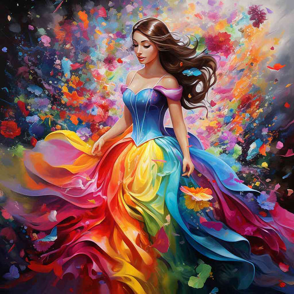 Woman in a vibrant rainbow dress surrounded by colorful abstract splashes.