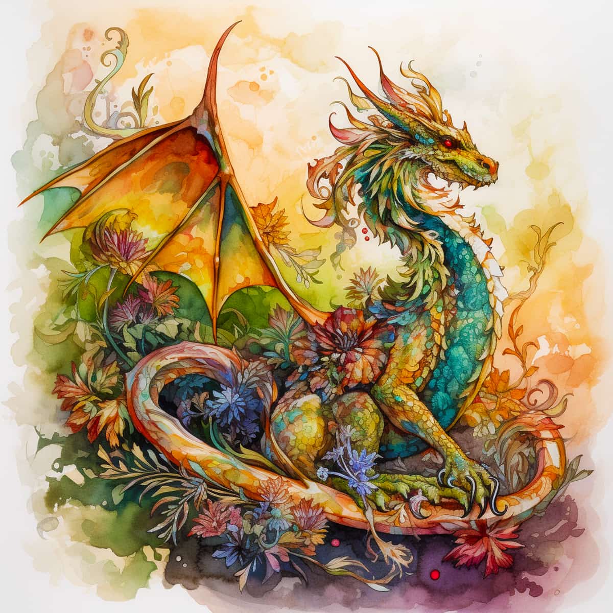 Vibrant fantasy dragon artwork with colorful scales and wings amidst a floral backdrop.