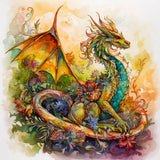 Vibrant fantasy dragon artwork with colorful scales and wings amidst a floral backdrop.