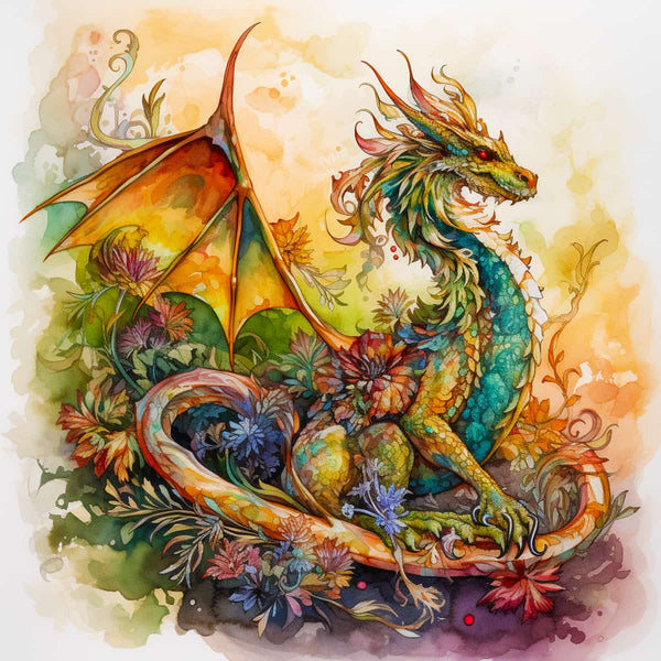 Vibrant fantasy dragon artwork with colorful scales and wings amidst a floral backdrop.