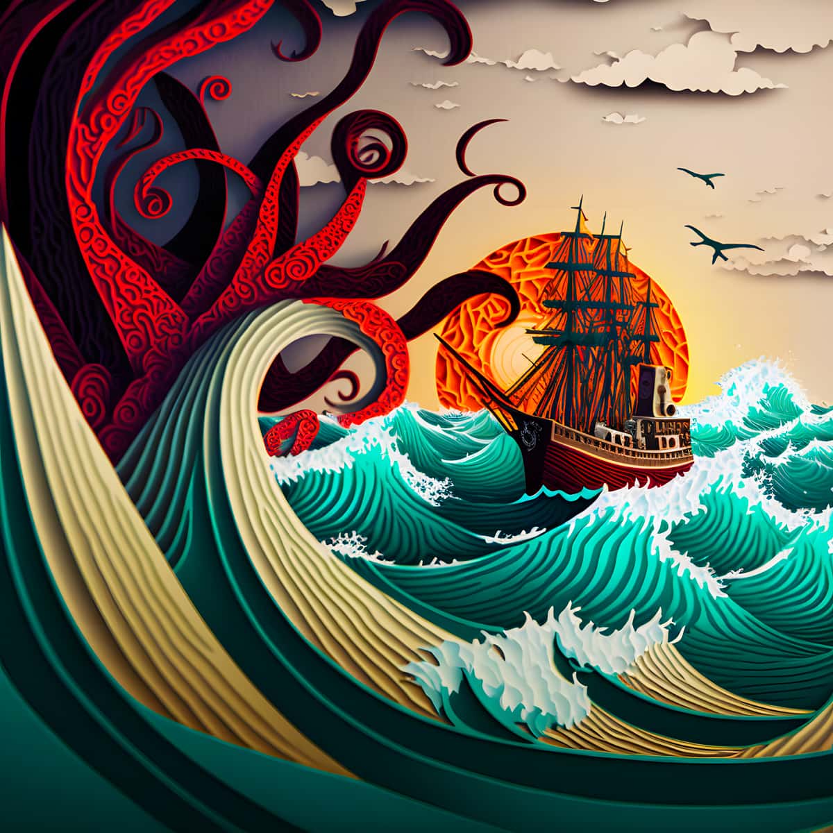 Diamond painting kit titled "Raue See Paperart" depicting a ship in rough seas with an octopus and a vibrant sunset background.