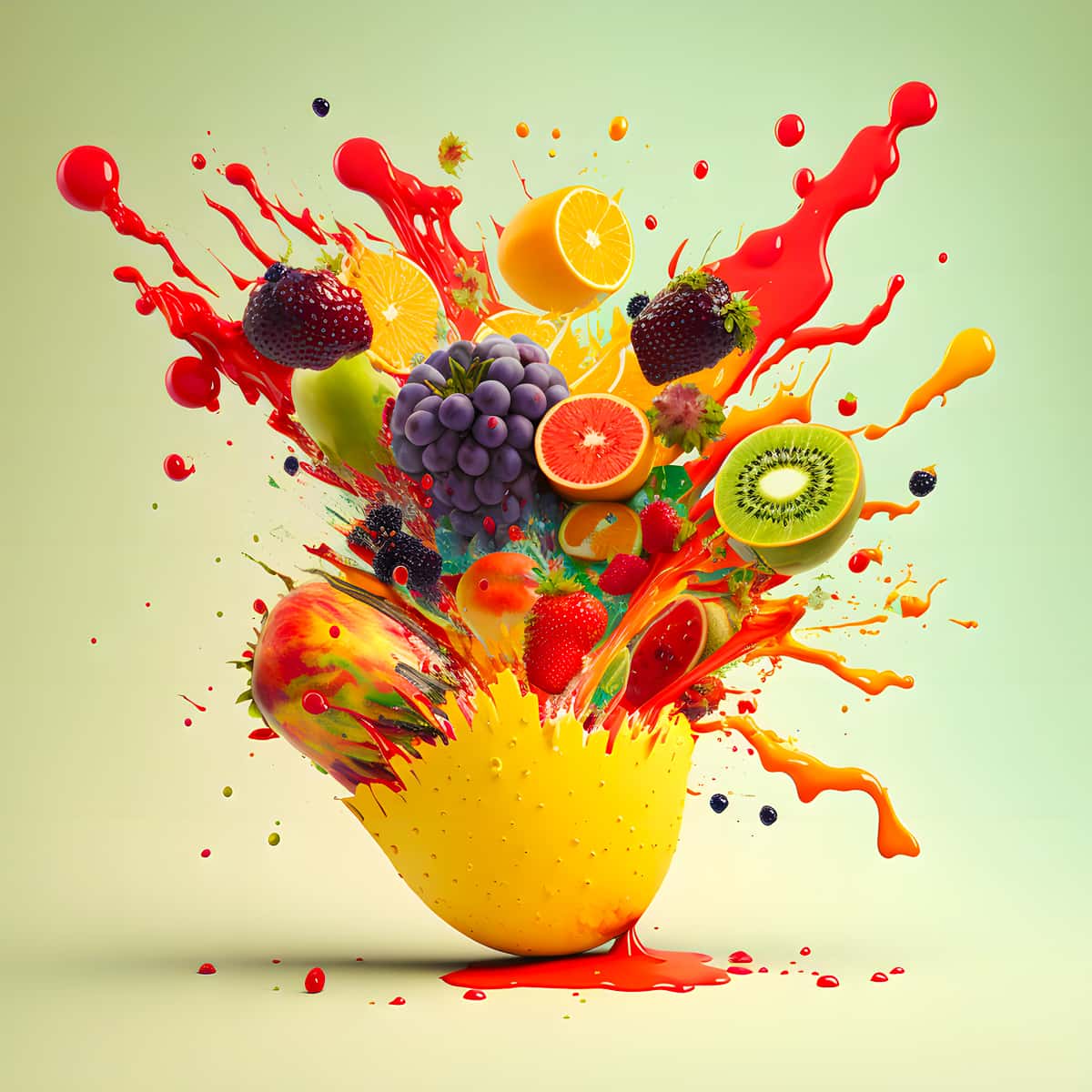 Vibrant explosion of fruits including kiwi, orange, berries, and grapes in colorful splash art.