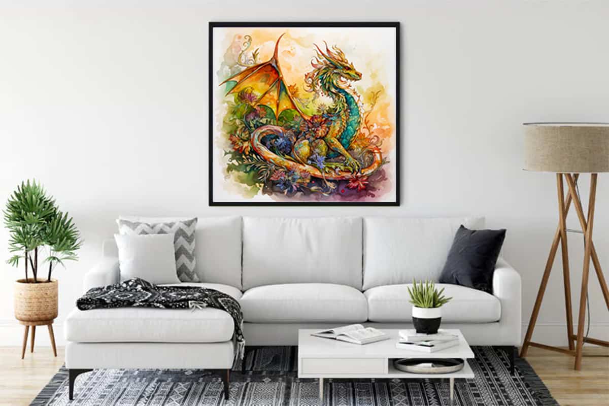 Vibrant dragon painting displayed in modern living room, enhancing home decor.