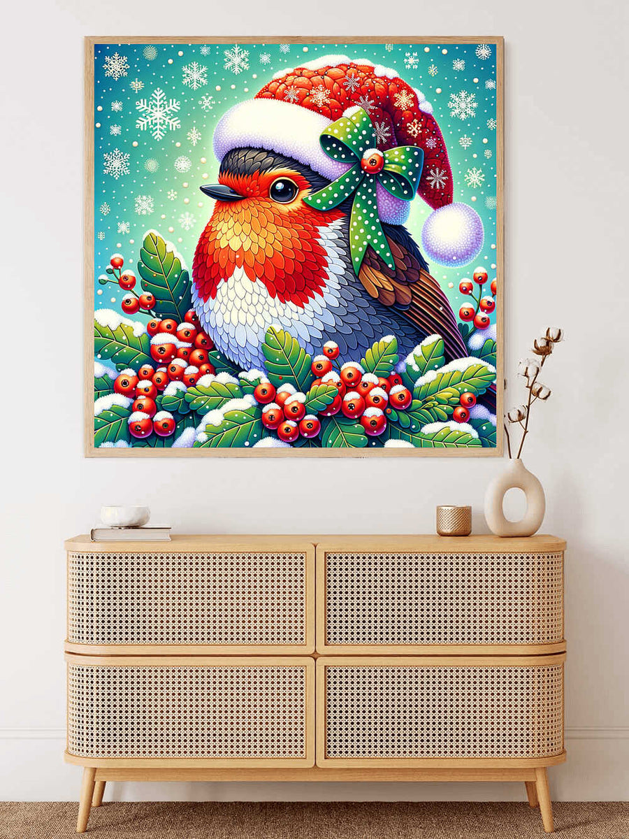 Malen nach Zahlen - Rotkehlchen mit Weihnachtsmütze