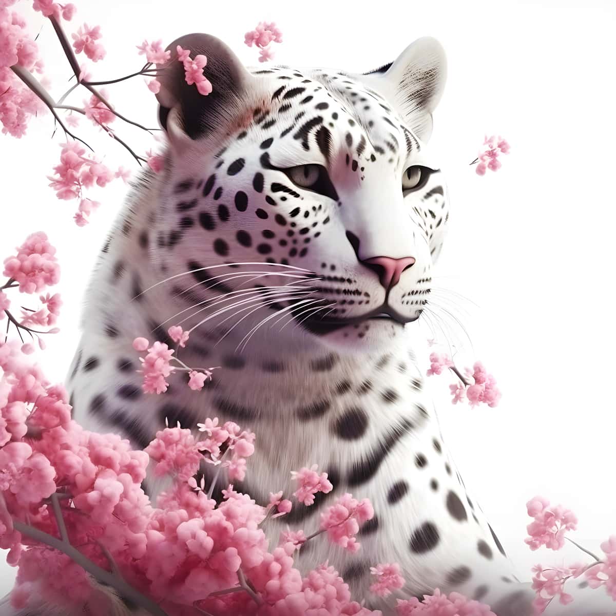 Diamond Painting of a snow leopard with pink rose blossoms in a captivating and sparkling art kit.