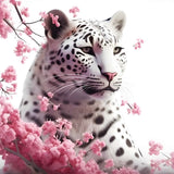 Diamond Painting of a snow leopard with pink rose blossoms in a captivating and sparkling art kit.