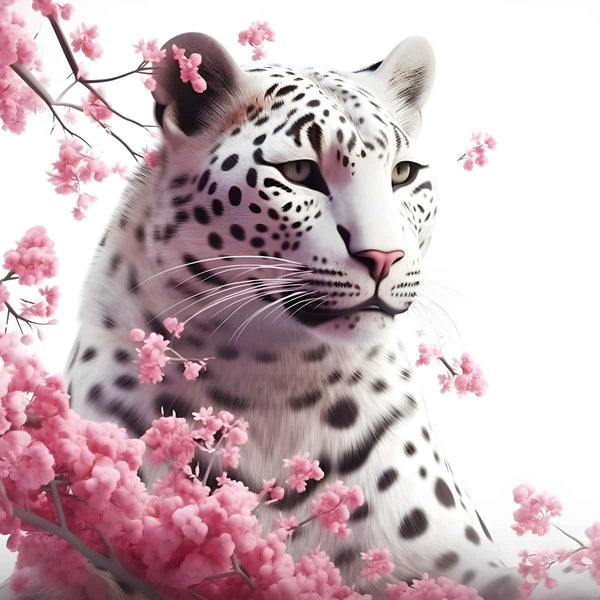 Diamond Painting of a snow leopard with pink rose blossoms in a captivating and sparkling art kit.