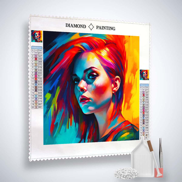 Diamond Painting Kit Future Woman with colorful artwork, acrylic diamonds, and tools