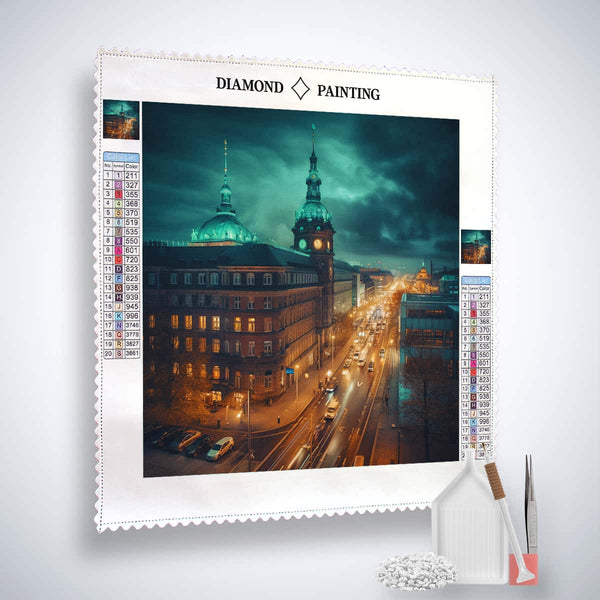 Diamond Painting Kit of Hamburg Sideway with canvas, acrylic diamonds, tweezers, and set tools included.