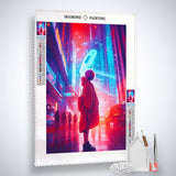 AB Diamond Painting Kit - Neonstadt Seitlich Design Displayed with Tools and Acrylic Diamonds
