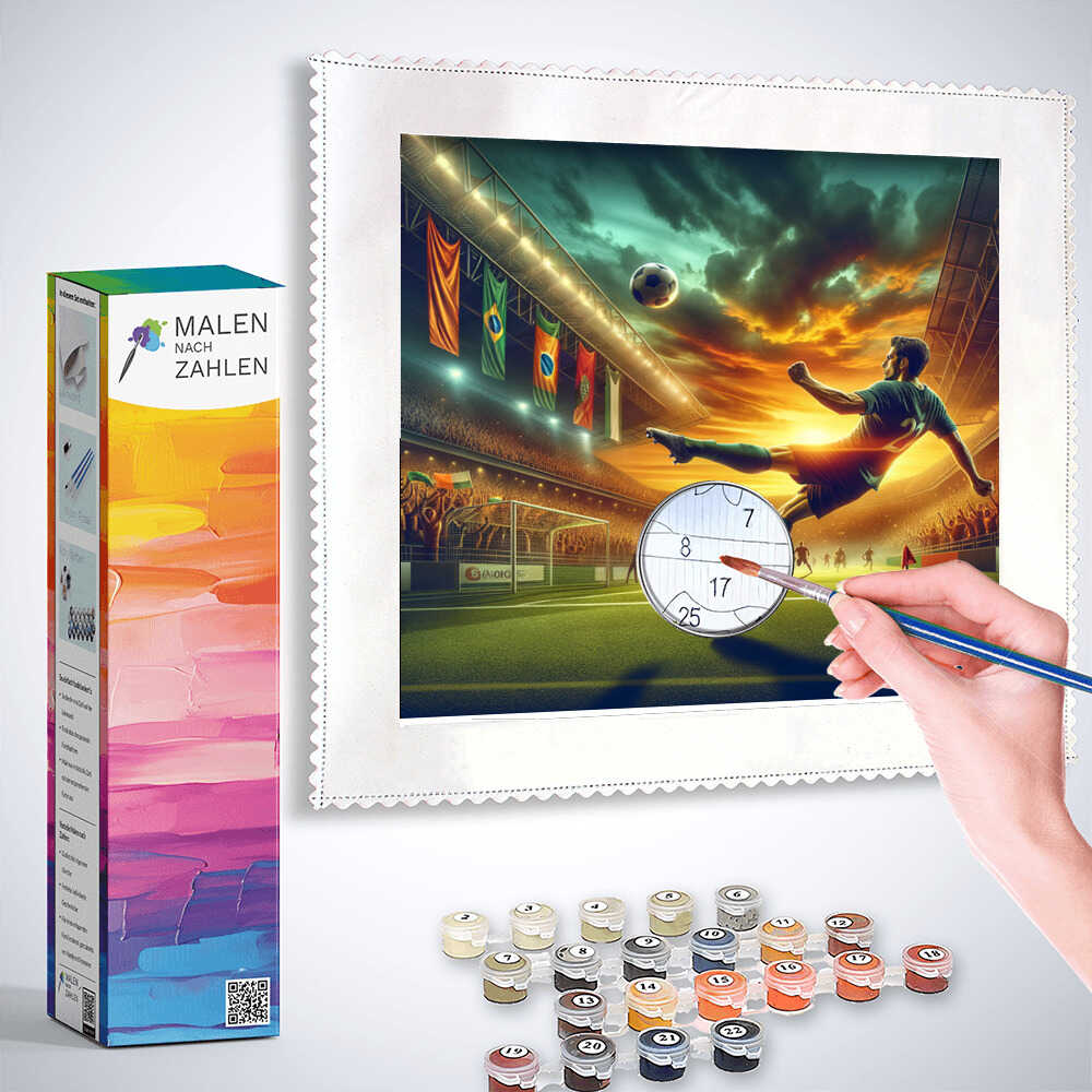 Painting by numbers kit showing a soccer player scoring a goal at sunset with vibrant colors and paint pots included