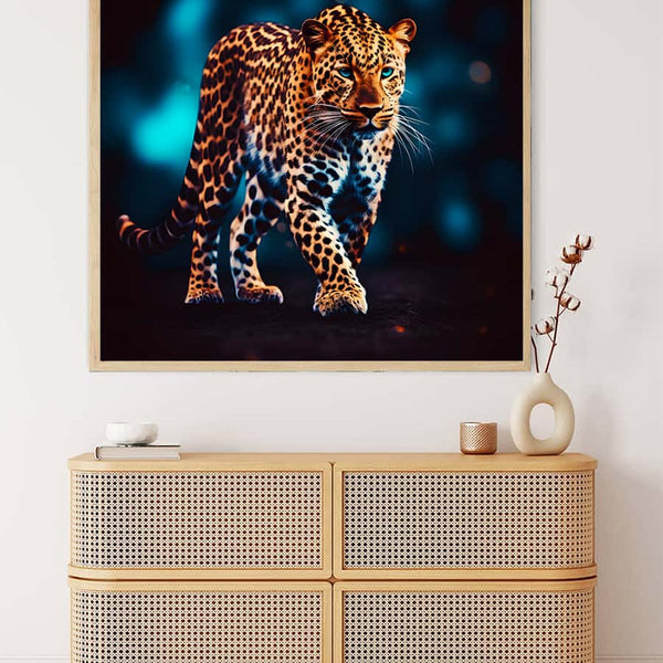 Paint by Numbers Leopard Frontal Walking on Wall Above Modern Cabinet