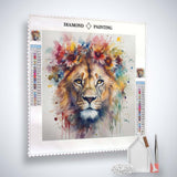 Diamond Painting Kit - König der Tiere with vibrant lion motif, acrylic diamonds, professional canvas, tweezers, and set tools