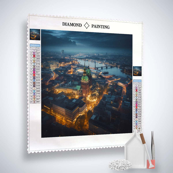 Diamond Painting Kit featuring a stunning night view of Hamburg from above with acrylic diamonds, canvas, tweezers, and setzstift tools