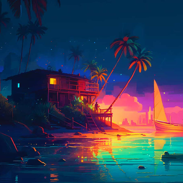 Tropical beach party at sunset with palm trees, a wooden house, and a boat on the water. Colorful, vibrant, and relaxing coastal scene.