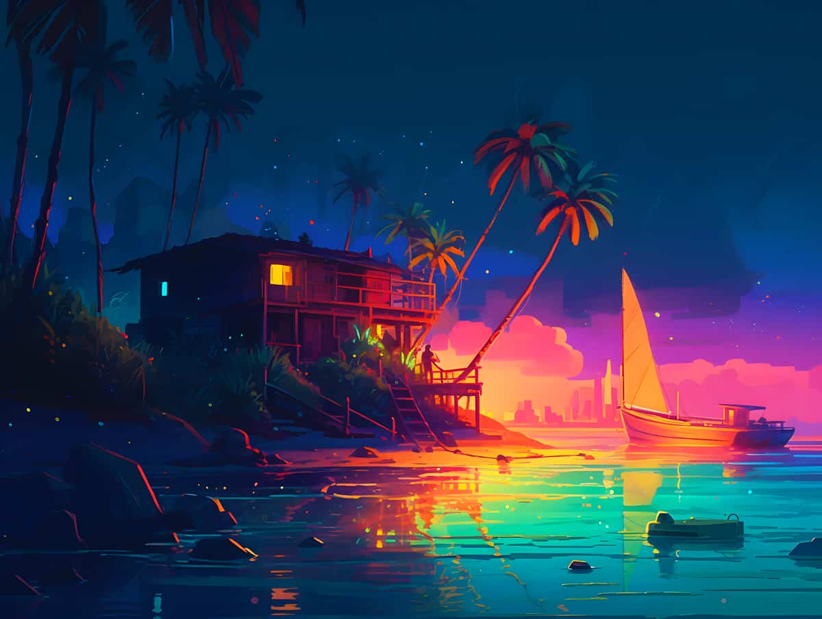 AB Diamond Painting - Strandparty seaside cabin and sailboat at sunset, vibrant colors reflecting on the water, palm trees and a dreamy sky