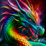 Vibrant rainbow-colored dragon with detailed scales and fierce expression in a mystical, colorful background.