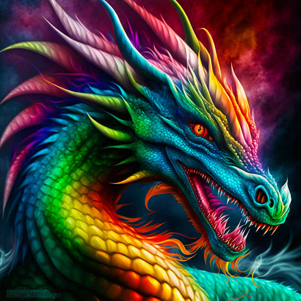 Vibrant rainbow-colored dragon with detailed scales and fierce expression in a mystical, colorful background.