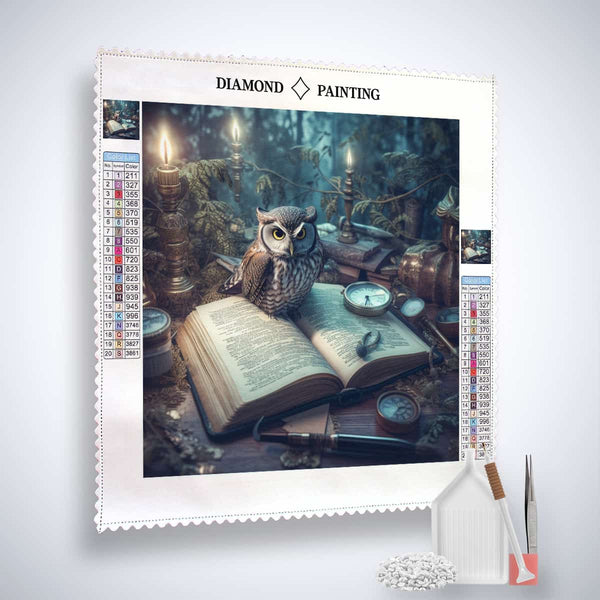 Diamond Painting Kit - Eule auf Buch, mit veredelten Acryl Diamonds, Leinwand und Künstler-Werkzeugen für funkelnde Kunst.