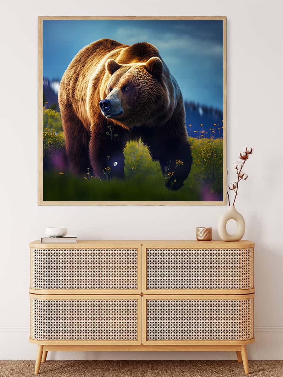 Malen nach Zahlen Bär laufend Wandkunst über Kommode im modernen Wohnzimmer.