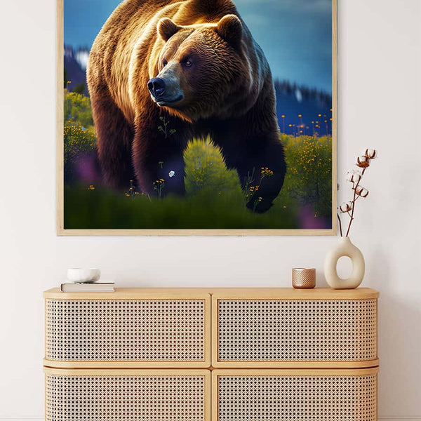 Malen nach Zahlen Bär laufend Wandkunst über Kommode im modernen Wohnzimmer.