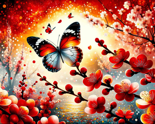 Malen nach Zahlen - Schmetterling, rote Blumen