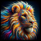 Malen nach Zahlen - Majestätischer Farbenrausch Löwenkopf in leuchtenden Blau, Orange und Gold Tönen, modernes psychedelisches Kunstwerk