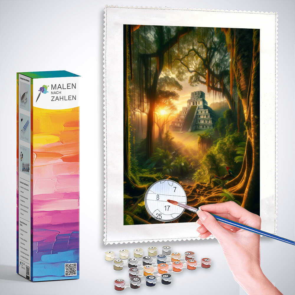 "Malen nach Zahlen Maya Temple DIY painting kit with hand painting by numbers and completed forest temple artwork in the background"